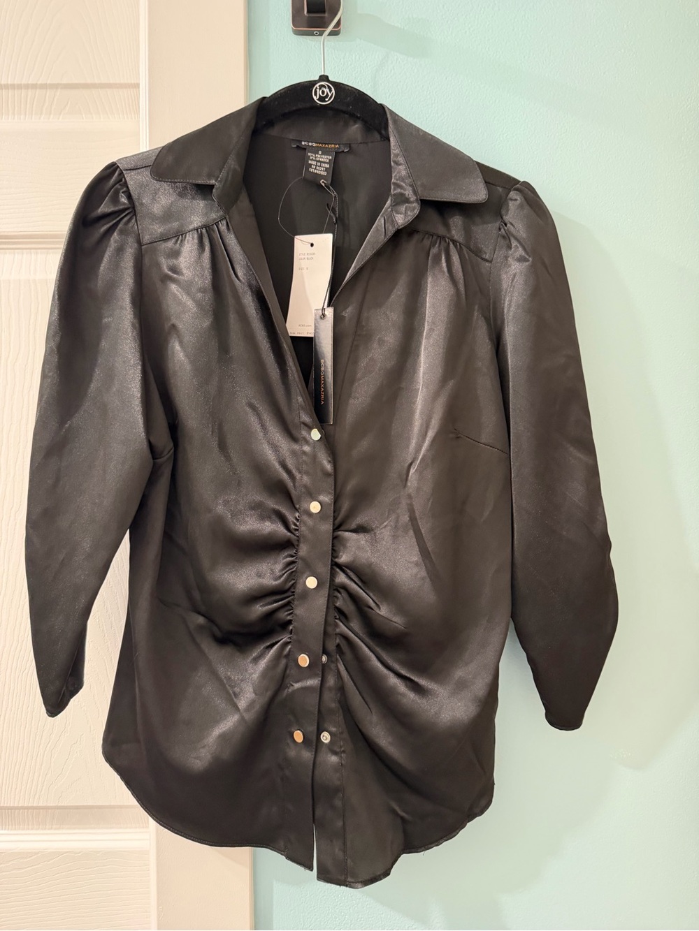 NWT BCBG Maxazria 3/4 Sleeve Top Blouse Black Satin Fabric Gathered Button $140